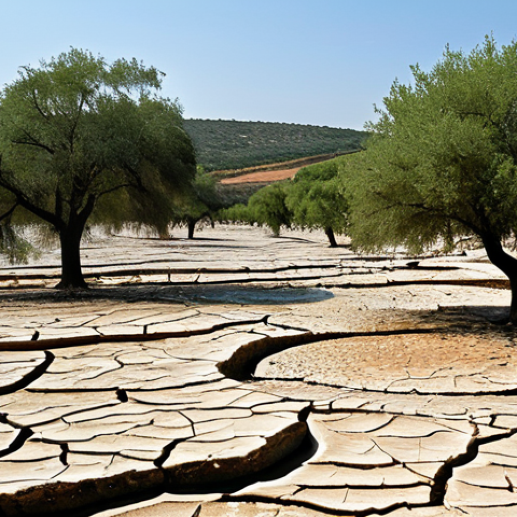 A serene yet concerning view of the Portuguese landscape, illustrating the impacts of climate change on water resources and biodiversity. The foreground features a parched, cracked earth, with a wide, nearly dry riverbed winding through. Sparse, struggling vegetation, indicative of prolonged drought, dots the arid plains. In the midground, once-vibrant trees appear stressed and thin. The sky above is a pale, hazy blue, casting a somber light on the scene. The overall atmosphere conveys the quiet struggle of nature. safe for work, appropriate content, fully clothed, professional photography, perfect anatomy, correct proportions, natural body proportions, well-formed hands, proper finger count, modest, family-friendly, high quality, realistic.