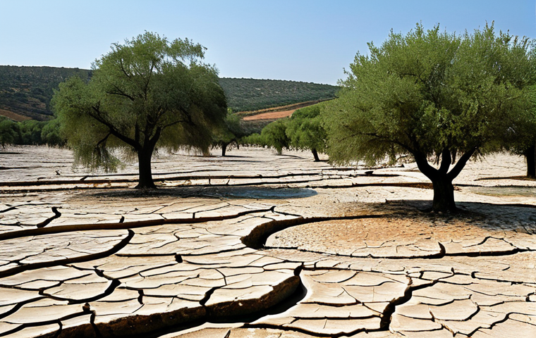 A serene yet concerning view of the Portuguese landscape, illustrating the impacts of climate change on water resources and biodiversity. The foreground features a parched, cracked earth, with a wide, nearly dry riverbed winding through. Sparse, struggling vegetation, indicative of prolonged drought, dots the arid plains. In the midground, once-vibrant trees appear stressed and thin. The sky above is a pale, hazy blue, casting a somber light on the scene. The overall atmosphere conveys the quiet struggle of nature. safe for work, appropriate content, fully clothed, professional photography, perfect anatomy, correct proportions, natural body proportions, well-formed hands, proper finger count, modest, family-friendly, high quality, realistic.
