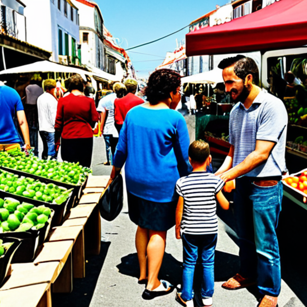 A diverse group of adults and a child, fully clothed in appropriate, modest attire, engaged in various sustainable daily activities. One scene shows them at a vibrant outdoor local market in Cascais, Portugal, purchasing fresh produce directly from a farmer. Another scene depicts them in a thriving urban community garden in a Lisbon neighborhood, tending to plants with well-formed hands and natural poses. The overall image emphasizes conscious consumption and community engagement, with natural lighting and a lively, family-friendly atmosphere. Perfect anatomy, correct proportions, professional photography, high quality, safe for work, appropriate content.