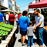 A diverse group of adults and a child, fully clothed in appropriate, modest attire, engaged in various sustainable daily activities. One scene shows them at a vibrant outdoor local market in Cascais, Portugal, purchasing fresh produce directly from a farmer. Another scene depicts them in a thriving urban community garden in a Lisbon neighborhood, tending to plants with well-formed hands and natural poses. The overall image emphasizes conscious consumption and community engagement, with natural lighting and a lively, family-friendly atmosphere. Perfect anatomy, correct proportions, professional photography, high quality, safe for work, appropriate content.