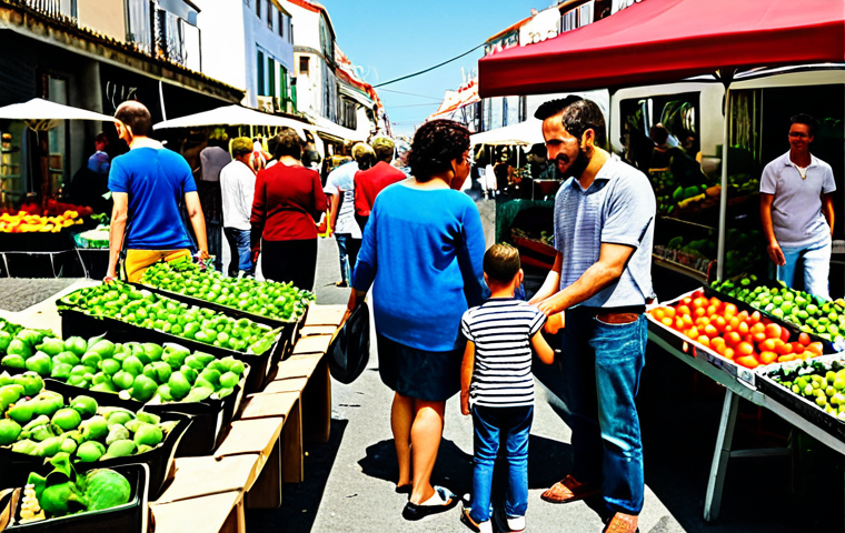 A diverse group of adults and a child, fully clothed in appropriate, modest attire, engaged in various sustainable daily activities. One scene shows them at a vibrant outdoor local market in Cascais, Portugal, purchasing fresh produce directly from a farmer. Another scene depicts them in a thriving urban community garden in a Lisbon neighborhood, tending to plants with well-formed hands and natural poses. The overall image emphasizes conscious consumption and community engagement, with natural lighting and a lively, family-friendly atmosphere. Perfect anatomy, correct proportions, professional photography, high quality, safe for work, appropriate content.