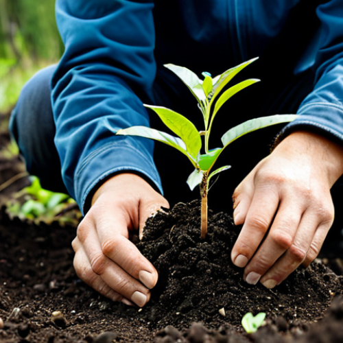 Home 7 A focused professional ecologist, fully clothed in modest field attire, gently planting a young native tree seedling in rich, dark soil. The scene depicts a vibrant, recovering forest landscape in the background, with diverse, healthy young plants emerging and clear signs of successful ecological restoration. Soft, natural daylight illuminates the scene, highlighting the detailed texture of the leaves and soil. The subject is in a natural pose, exhibiting perfect anatomy, correct proportions, well-formed hands, and proper finger count. This image is safe for work, appropriate content, fully clothed, and professional.
