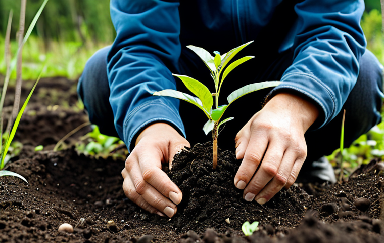 A focused professional ecologist, fully clothed in modest field attire, gently planting a young native tree seedling in rich, dark soil. The scene depicts a vibrant, recovering forest landscape in the background, with diverse, healthy young plants emerging and clear signs of successful ecological restoration. Soft, natural daylight illuminates the scene, highlighting the detailed texture of the leaves and soil. The subject is in a natural pose, exhibiting perfect anatomy, correct proportions, well-formed hands, and proper finger count. This image is safe for work, appropriate content, fully clothed, and professional.
