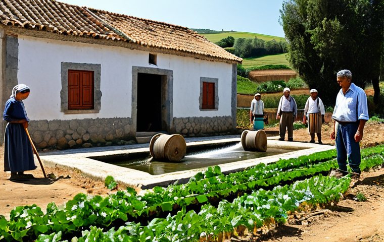 Community Adaptation**

"A group of fully clothed villagers in a rural Portuguese village collaboratively building a sustainable irrigation system using traditional techniques, modest clothing, appropriate attire, safe for work, perfect anatomy, natural proportions, professional photography, high quality, family-friendly environment, daytime setting."

**