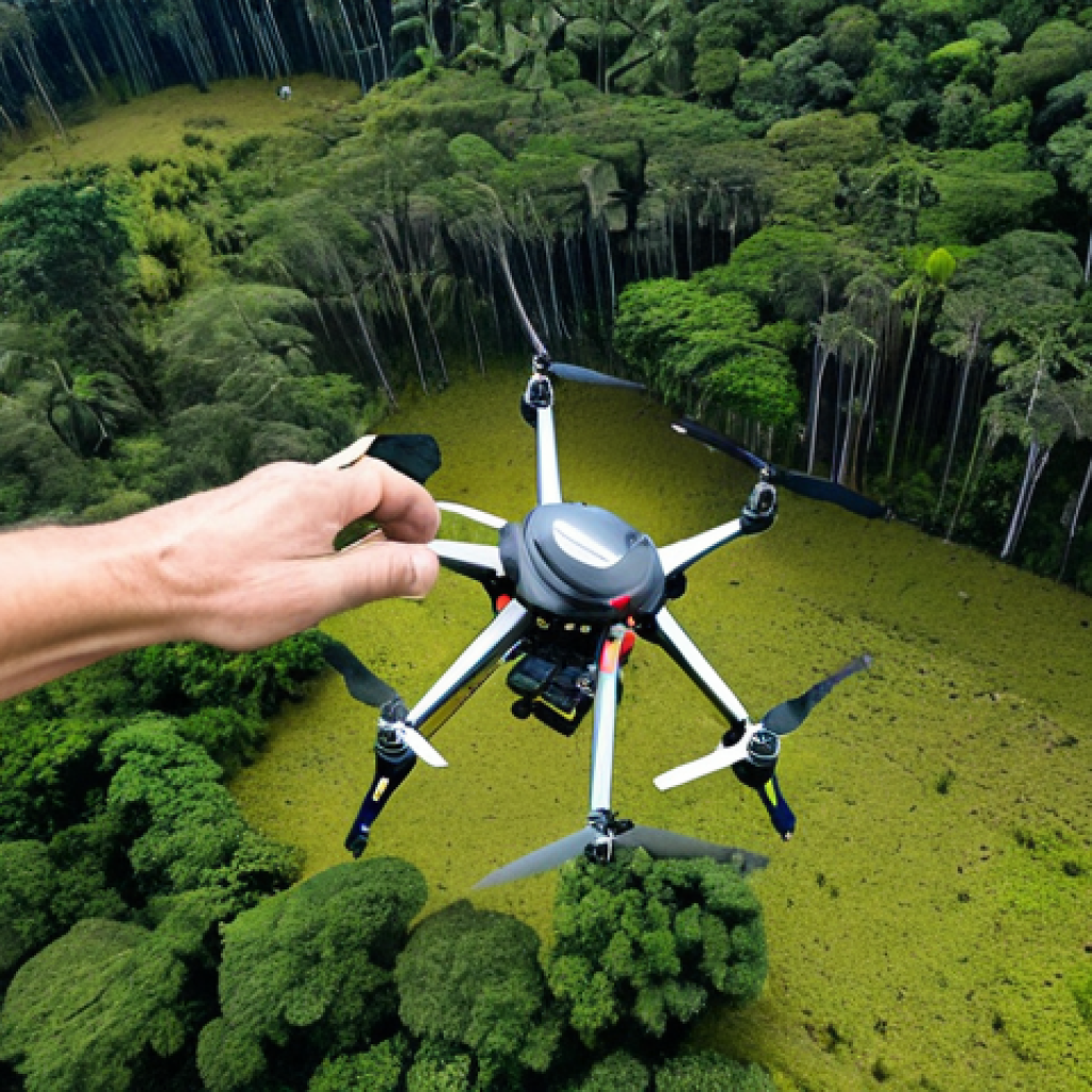 **

A vibrant aerial view of a drone seeding saplings in a deforested area of the Amazon rainforest. The drone is clearly visible, modern, and efficient. Lush green foliage surrounds the newly planted area, indicating successful reforestation. Include scientific sensors monitoring the soil. Fully clothed researchers are observing the process from a nearby field. Appropriate content, safe for work, professional, perfect anatomy, natural proportions, well-formed hands, proper finger count, family-friendly.

**