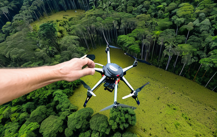 **
A vibrant aerial view of a drone seeding saplings in a deforested area of the Amazon rainforest. The drone is clearly visible, modern, and efficient. Lush green foliage surrounds the newly planted area, indicating successful reforestation. Include scientific sensors monitoring the soil. Fully clothed researchers are observing the process from a nearby field. Appropriate content, safe for work, professional, perfect anatomy, natural proportions, well-formed hands, proper finger count, family-friendly.
**