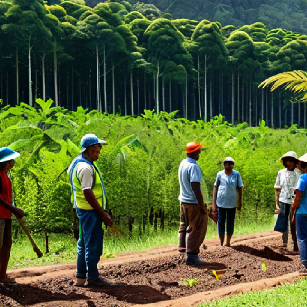 Strategic Reforestation**
"A vibrant, diverse forest landscape in Brazil, showcasing native tree species, fully clothed community members planting saplings, appropriate attire for fieldwork, safe for work, perfect anatomy, natural proportions, sunny day, high-quality photo, professional scene, family-friendly."
**