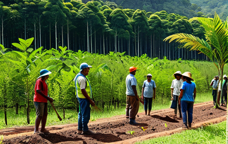Strategic Reforestation**

"A vibrant, diverse forest landscape in Brazil, showcasing native tree species, fully clothed community members planting saplings, appropriate attire for fieldwork, safe for work, perfect anatomy, natural proportions, sunny day, high-quality photo, professional scene, family-friendly."

**