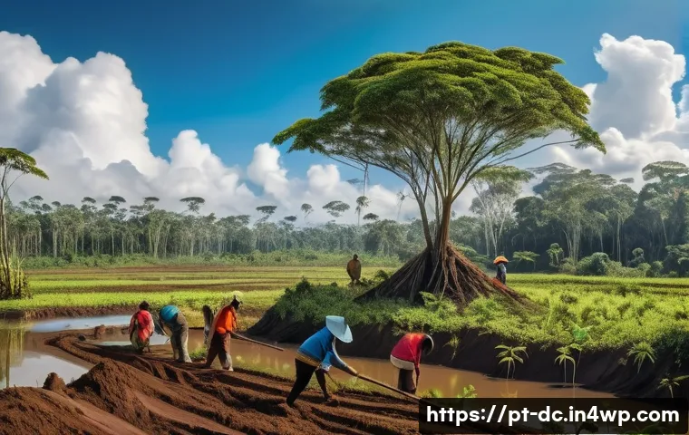 산림 보호와 기후 변화 완화 연계 - A vibrant Amazon rainforest scene depicting dense native trees and diverse wildlife including colorf...