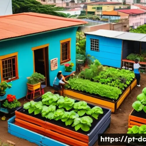 기후 변화 대응을 위한 커뮤니티 기반 프로젝트 - A vibrant urban community garden scene in a Brazilian city neighborhood, featuring diverse adults an...