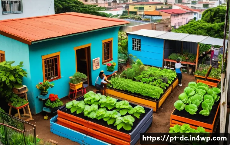기후 변화 대응을 위한 커뮤니티 기반 프로젝트 - A vibrant urban community garden scene in a Brazilian city neighborhood, featuring diverse adults an...