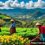 자연 기반 기후 솔루션과 전통 지식의 조화 - A vibrant rural Brazilian community engaged in sustainable agroforestry practices: farmers wearing t...