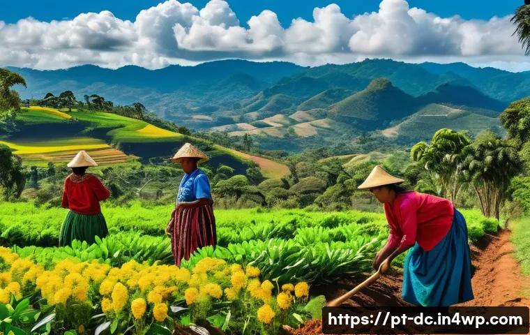 자연 기반 기후 솔루션과 전통 지식의 조화 - A vibrant rural Brazilian community engaged in sustainable agroforestry practices: farmers wearing t...