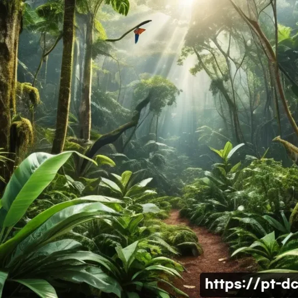 생물 다양성과 기후 변화의 관계 - A vibrant and detailed scene of a tropical Atlantic forest in Brazil showing diverse native species ...