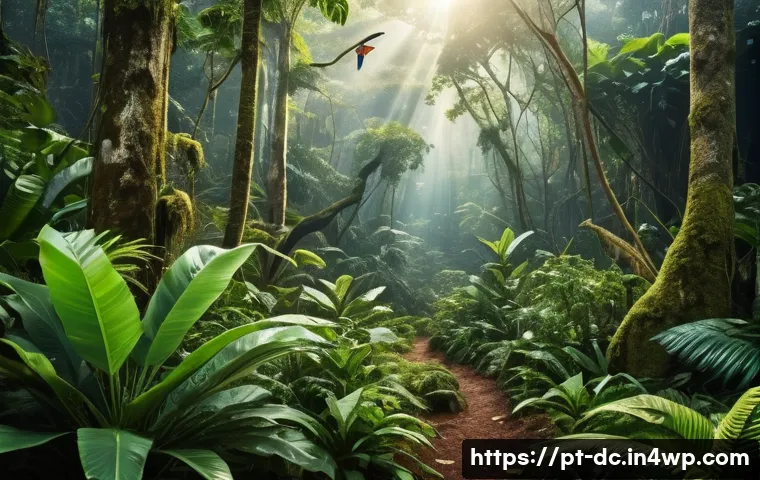 생물 다양성과 기후 변화의 관계 - A vibrant and detailed scene of a tropical Atlantic forest in Brazil showing diverse native species ...