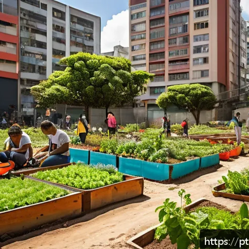 자연 기반 기후 솔루션의 사회적 가치 - A vibrant community garden scene in a bustling urban neighborhood of São Paulo, Brazil, showing dive...