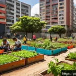자연 기반 기후 솔루션의 사회적 가치 - A vibrant community garden scene in a bustling urban neighborhood of São Paulo, Brazil, showing dive...