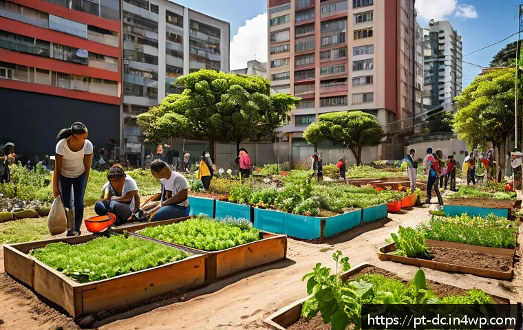 자연 기반 기후 솔루션의 사회적 가치 - A vibrant community garden scene in a bustling urban neighborhood of São Paulo, Brazil, showing dive...