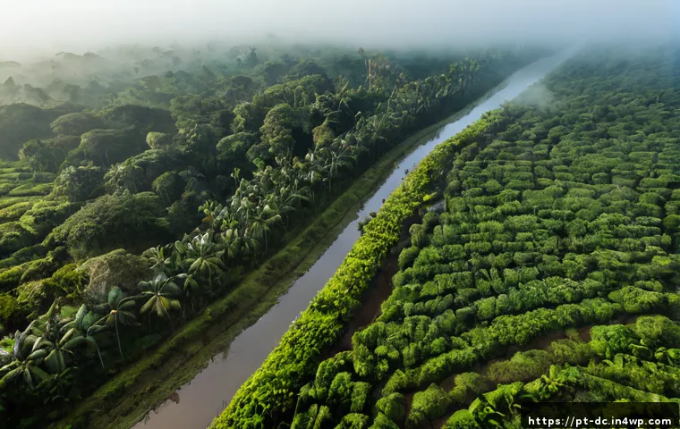 Home 17 자연 기반 기후 솔루션과 기업의 역할 - Photorealistic wide aerial view of a restored Atlantic rainforest corridor in Brazil bordering a sus...